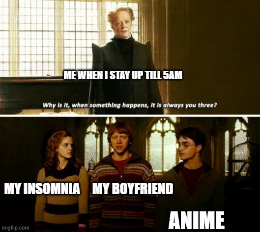 Always you three | ME WHEN I STAY UP TILL 5AM; MY INSOMNIA     MY BOYFRIEND; ANIME | image tagged in always you three | made w/ Imgflip meme maker
