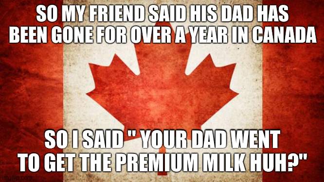 My friend came up with this- | SO MY FRIEND SAID HIS DAD HAS BEEN GONE FOR OVER A YEAR IN CANADA; SO I SAID '' YOUR DAD WENT TO GET THE PREMIUM MILK HUH?'' | image tagged in canada | made w/ Imgflip meme maker
