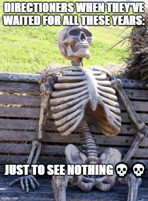 still waiting for one direction reunion | DIRECTIONERS WHEN THEY'VE WAITED FOR ALL THESE YEARS:; JUST TO SEE NOTHING💀💀 | image tagged in memes,waiting skeleton | made w/ Imgflip meme maker