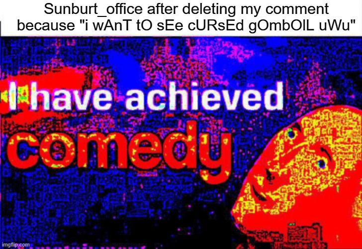 I have achieved comedy | Sunburt_office after deleting my comment because "i wAnT tO sEe cURsEd gOmbOlL uWu" | image tagged in i have achieved comedy | made w/ Imgflip meme maker