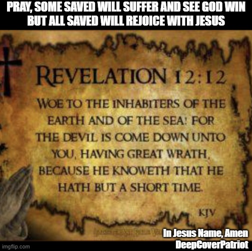 PRAY, SOME SAVED WILL SUFFER AND SEE GOD WIN
BUT ALL SAVED WILL REJOICE WITH JESUS; In Jesus Name, Amen
DeepCoverPatriot | image tagged in bible verse | made w/ Imgflip meme maker