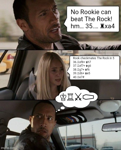 No Rookie can beat The Rock! | No Rookie can 
beat The Rock!
hm… 35.… ♜xa4; Rook checkmates The Rock in 5 
36.♖xf8+ ♚h7 
37.♖xf7+ ♚g6 
38.♖g7+ ♚f6 
39.♖d6+ ♚e5 
40.♖e7#; ♔♖⚔⚰ | image tagged in memes,the rock driving,chess,rook,rookie,checkmate | made w/ Imgflip meme maker