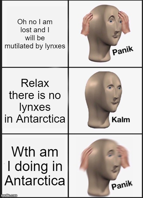 Panik Kalm Panik Meme | Oh no I am lost and I will be mutilated by lynxes; Relax there is no lynxes in Antarctica; Wth am I doing in Antarctica | image tagged in memes,panik kalm panik,lost,antarctica | made w/ Imgflip meme maker
