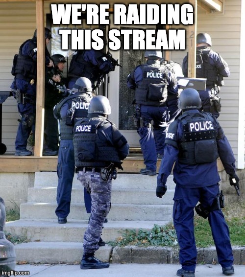 police raid | WE'RE RAIDING THIS STREAM | image tagged in police raid | made w/ Imgflip meme maker