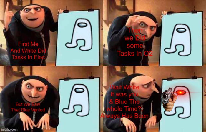 Gru's Plan | Then we Did some Tasks In O2; First Me And White Did Tasks In Elec; Wait White It was you & Blue The whole Time?, Always Has Been; But We Saw That Blue Vented | image tagged in memes,gru's plan | made w/ Imgflip meme maker