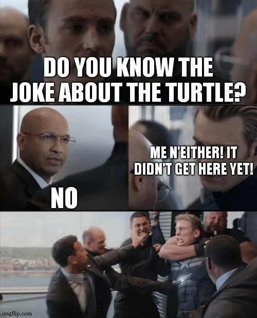 another dad joke for y' all | DO YOU KNOW THE JOKE ABOUT THE TURTLE? ME N'EITHER! IT DIDN'T GET HERE YET! NO | image tagged in captain america elevator fight,dad joke,memes,fun | made w/ Imgflip meme maker