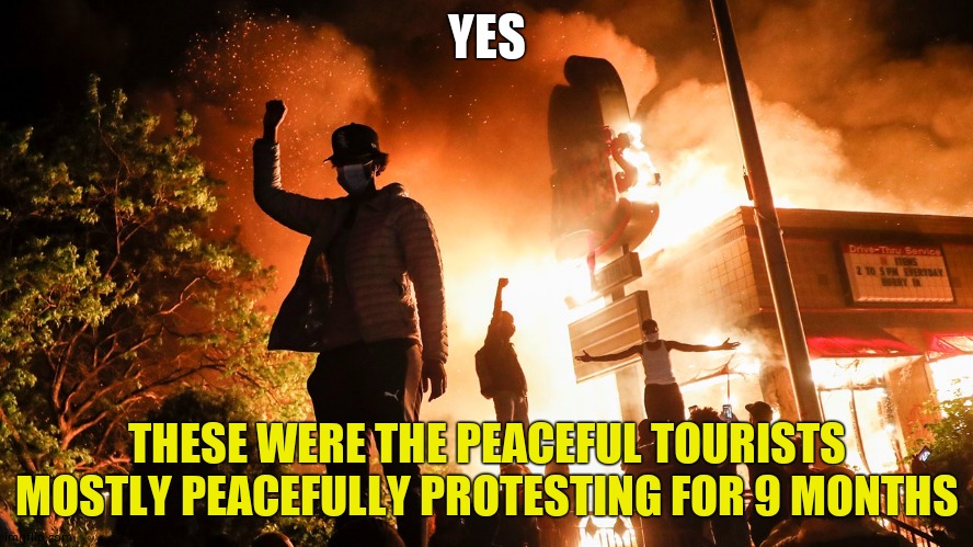 BLM Riots | YES THESE WERE THE PEACEFUL TOURISTS MOSTLY PEACEFULLY PROTESTING FOR 9 MONTHS | image tagged in blm riots | made w/ Imgflip meme maker