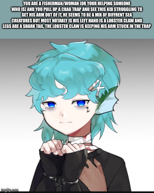 YOU ARE A FISHERMAN/WOMAN (OR YOUR HELPING SOMEONE WHO IS) AND YOU PULL UP A CRAB TRAP AND SEE THIS KID STRUGGLING TO GET HIS ARM OUT OF IT, HE SEEMS TO BE A MIX OF DIFFRENT SEA CREATURES BUT MOST NOTABLY IS HIS LEFT HAND IS A LOBSTER CLAW AND LEGS ARE A SHARK TAIL, THE LOBSTER CLAW IS KEEPING HIS ARM STUCK IN THE TRAP | made w/ Imgflip meme maker