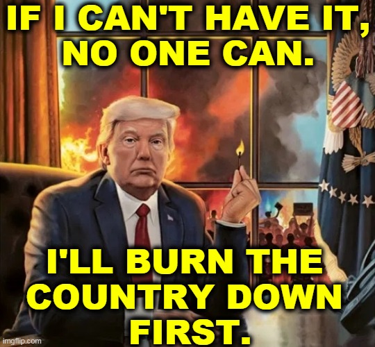 Donald Trump, anarchist arsonist. | IF I CAN'T HAVE IT,
NO ONE CAN. I'LL BURN THE 
COUNTRY DOWN 
FIRST. | image tagged in donald trump,arson,anarchist | made w/ Imgflip meme maker