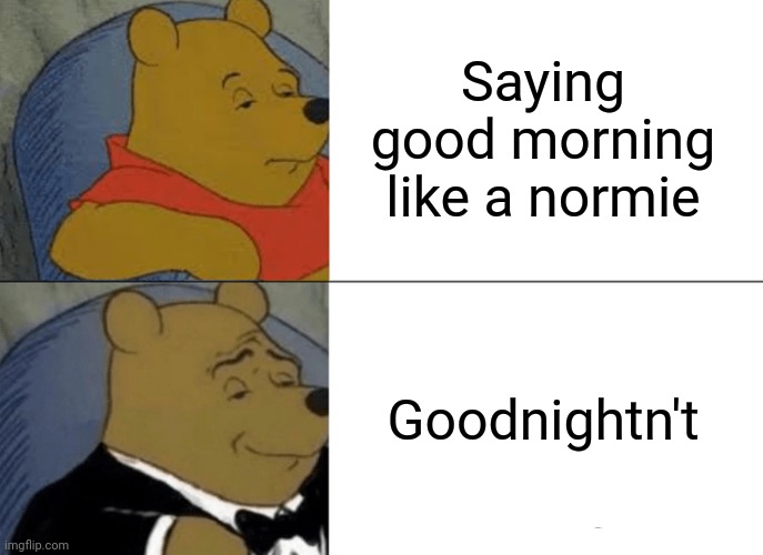 Tuxedo Winnie The Pooh | Saying good morning like a normie; Goodnightn't | image tagged in memes,tuxedo winnie the pooh | made w/ Imgflip meme maker