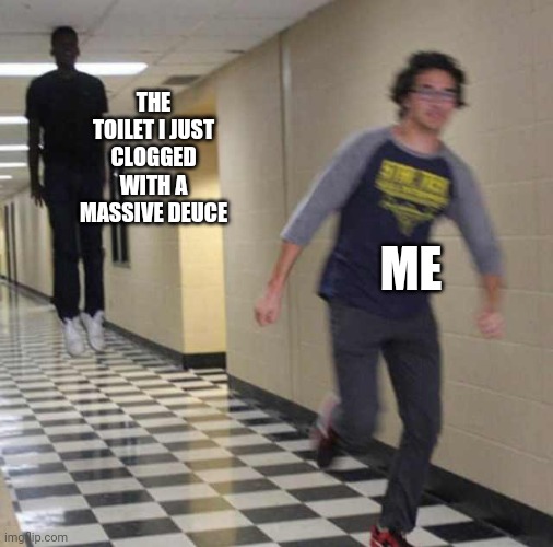 It haunts you | THE TOILET I JUST CLOGGED WITH A MASSIVE DEUCE; ME | image tagged in floating boy chasing running boy | made w/ Imgflip meme maker