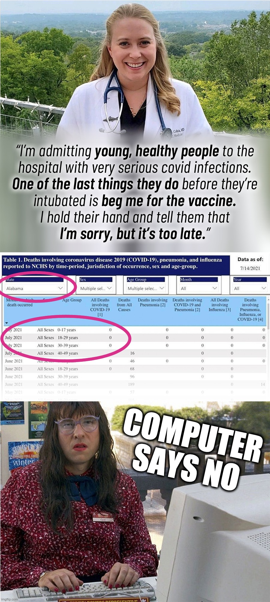 Dr. Brytney Cobia - Liar, liar, scrubs on fire | COMPUTER SAYS NO | image tagged in covid-19,brytney cobia,vaccines,liar | made w/ Imgflip meme maker