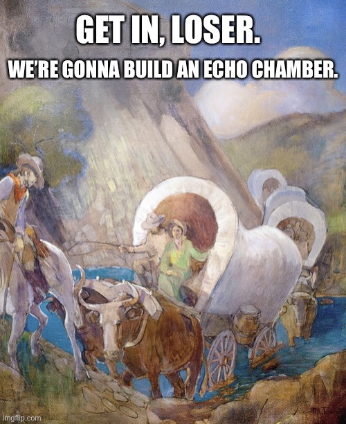 Mormon pioneers | GET IN, LOSER. WE’RE GONNA BUILD AN ECHO CHAMBER. | image tagged in pioneers by minerva teichert | made w/ Imgflip meme maker