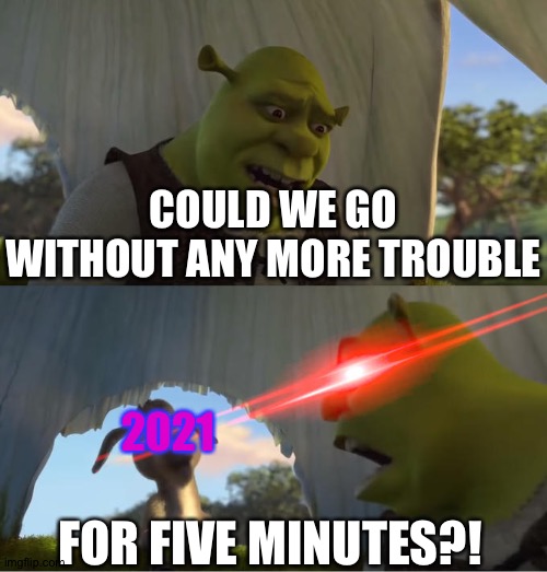 Shrek For Five Minutes | COULD WE GO WITHOUT ANY MORE TROUBLE; 2021; FOR FIVE MINUTES?! | image tagged in shrek for five minutes | made w/ Imgflip meme maker