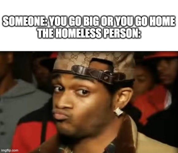 really? | SOMEONE: YOU GO BIG OR YOU GO HOME
THE HOMELESS PERSON: | image tagged in conceited reaction | made w/ Imgflip meme maker