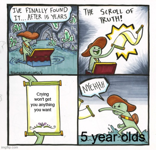 Seriously tho | Crying won't get you anything you want; 5 year olds | image tagged in memes | made w/ Imgflip meme maker