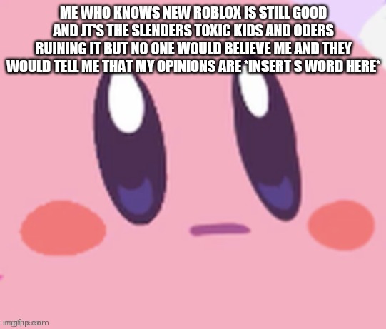 Kirby staring | ME WHO KNOWS NEW ROBLOX IS STILL GOOD AND JT'S THE SLENDERS TOXIC KIDS AND ODERS RUINING IT BUT NO ONE WOULD BELIEVE ME AND THEY WOULD TELL  | image tagged in kirby staring | made w/ Imgflip meme maker