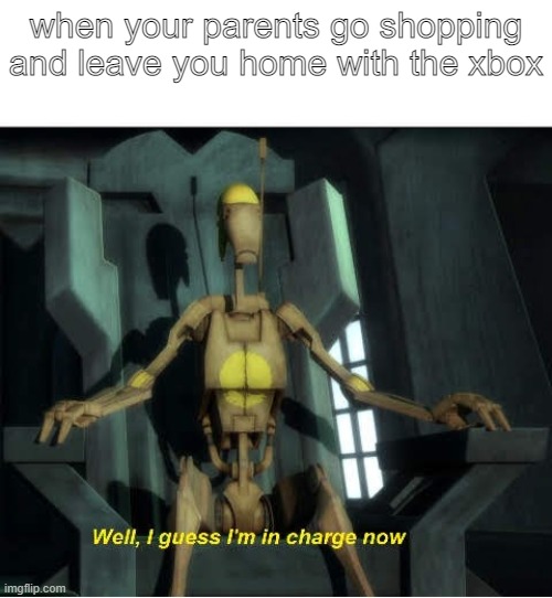Guess I'm in charge now | when your parents go shopping and leave you home with the xbox | image tagged in guess i'm in charge now | made w/ Imgflip meme maker