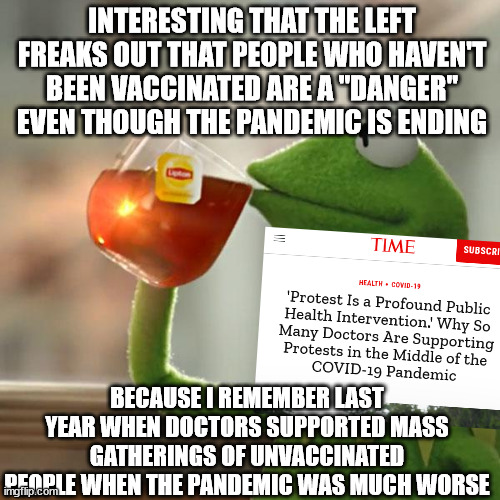 But That's None Of My Business Meme | INTERESTING THAT THE LEFT FREAKS OUT THAT PEOPLE WHO HAVEN'T BEEN VACCINATED ARE A "DANGER" EVEN THOUGH THE PANDEMIC IS ENDING; BECAUSE I REMEMBER LAST YEAR WHEN DOCTORS SUPPORTED MASS GATHERINGS OF UNVACCINATED PEOPLE WHEN THE PANDEMIC WAS MUCH WORSE | image tagged in memes,but that's none of my business,kermit the frog | made w/ Imgflip meme maker