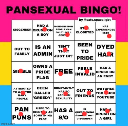 I’m pretty sure I got as many as possible without getting a bingo | image tagged in pansexual bingo | made w/ Imgflip meme maker