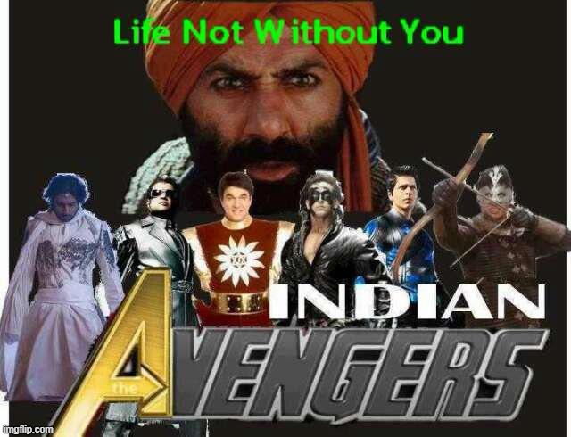 The Indian AvengersThe Desi Avengers | image tagged in avengers,indian,superheroes,krrish,shaktimaan,chitti | made w/ Imgflip meme maker
