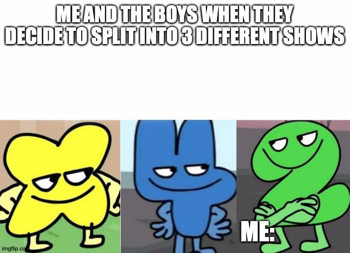 BFB Smug | ME AND THE BOYS WHEN THEY DECIDE TO SPLIT INTO 3 DIFFERENT SHOWS; ME: | image tagged in bfb smug | made w/ Imgflip meme maker