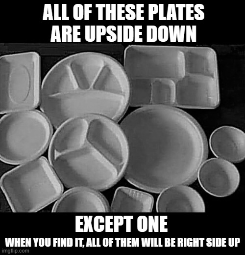 Brain Food | ALL OF THESE PLATES
ARE UPSIDE DOWN; EXCEPT ONE; WHEN YOU FIND IT, ALL OF THEM WILL BE RIGHT SIDE UP | image tagged in when you see it,when you realize,brain,illusion,trick,satisfying | made w/ Imgflip meme maker