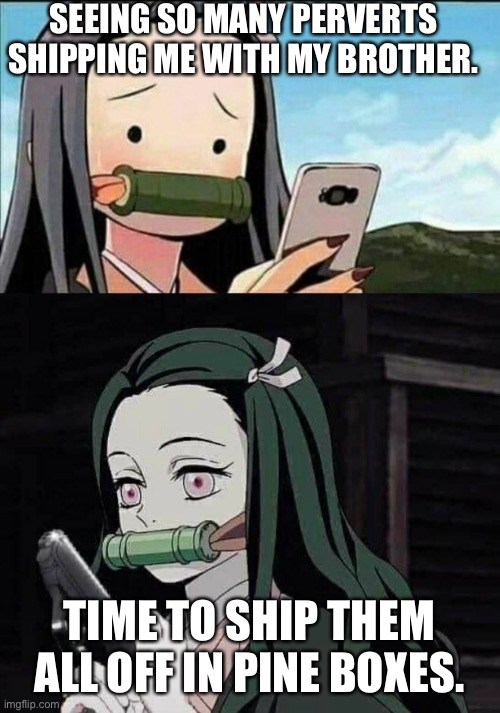 Nezuko gun | SEEING SO MANY PERVERTS SHIPPING ME WITH MY BROTHER. TIME TO SHIP THEM ALL OFF IN PINE BOXES. | image tagged in nezuko gun | made w/ Imgflip meme maker