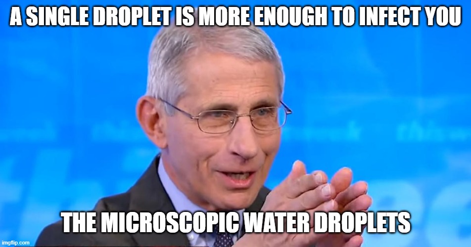 It's impossible to not get Covid by wearing a mask because there are open areas in your mask | A SINGLE DROPLET IS MORE ENOUGH TO INFECT YOU; THE MICROSCOPIC WATER DROPLETS | image tagged in dr fauci 2020,water droplets,covid | made w/ Imgflip meme maker