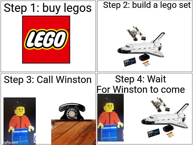 How To Catch A Winston | Step 2: build a lego set; Step 1: buy legos; Step 4: Wait For Winston to come; Step 3: Call Winston | image tagged in blank comic panel 2x2 | made w/ Imgflip meme maker