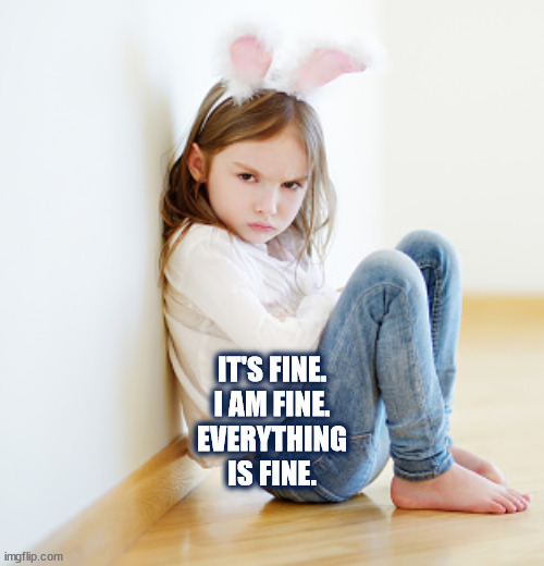 EVERYTHING IS FINE | IT'S FINE.
I AM FINE.
EVERYTHING
IS FINE. | image tagged in this is fine,ok,angry girl,bunny,everything,little girl | made w/ Imgflip meme maker