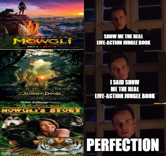 perfection | SHOW ME THE REAL LIVE-ACTION JUNGLE BOOK; I SAID SHOW ME THE REAL LIVE-ACTION JUNGLE BOOK; PERFECTION | image tagged in perfection | made w/ Imgflip meme maker