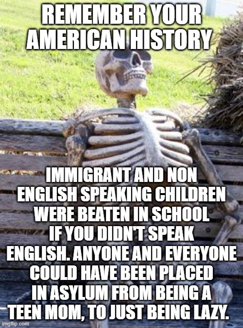 Waiting Skeleton | REMEMBER YOUR AMERICAN HISTORY; IMMIGRANT AND NON ENGLISH SPEAKING CHILDREN WERE BEATEN IN SCHOOL IF YOU DIDN'T SPEAK ENGLISH. ANYONE AND EVERYONE COULD HAVE BEEN PLACED IN ASYLUM FROM BEING A TEEN MOM, TO JUST BEING LAZY. | image tagged in memes,waiting skeleton | made w/ Imgflip meme maker