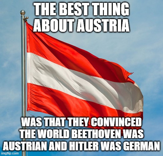 austrian flag | THE BEST THING ABOUT AUSTRIA; WAS THAT THEY CONVINCED THE WORLD BEETHOVEN WAS AUSTRIAN AND HITLER WAS GERMAN | image tagged in austrian flag | made w/ Imgflip meme maker