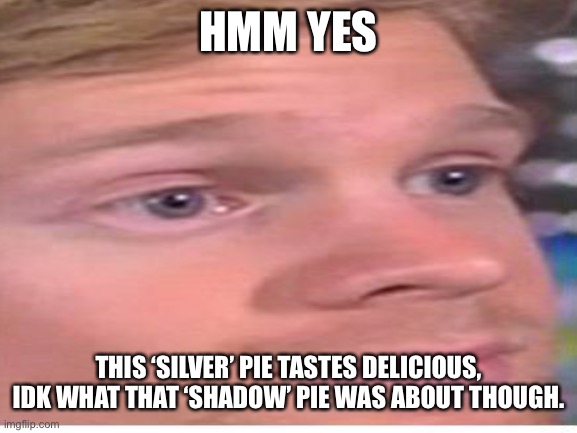 HMM YES THIS ‘SILVER’ PIE TASTES DELICIOUS, IDK WHAT THAT ‘SHADOW’ PIE WAS ABOUT THOUGH. | made w/ Imgflip meme maker