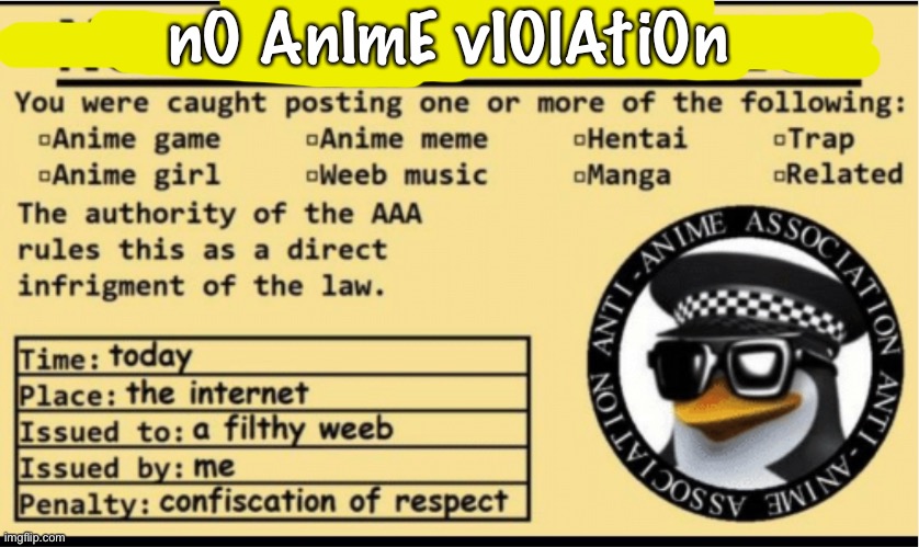 NO ANIME VIOLATION | nO AnImE vIOlAtiOn | image tagged in no anime violation | made w/ Imgflip meme maker