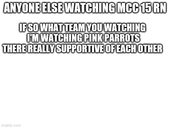 What team you all watching | ANYONE ELSE WATCHING MCC 15 RN; IF SO WHAT TEAM YOU WATCHING 
I'M WATCHING PINK PARROTS
THERE REALLY SUPPORTIVE OF EACH OTHER | image tagged in blank white template,mcc,mcc 15,yourlocalgay | made w/ Imgflip meme maker