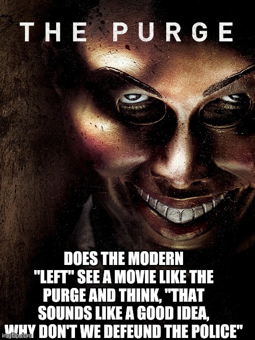 The purge | DOES THE MODERN "LEFT" SEE A MOVIE LIKE THE PURGE AND THINK, "THAT SOUNDS LIKE A GOOD IDEA, WHY DON'T WE DEFEUND THE POLICE" | image tagged in the purge | made w/ Imgflip meme maker