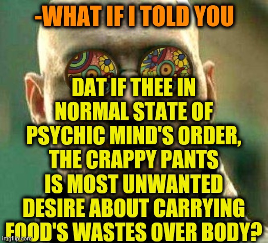 -OMG, how dreadful smelly! | -WHAT IF I TOLD YOU; DAT IF THEE IN NORMAL STATE OF PSYCHIC MIND'S ORDER, THE CRAPPY PANTS IS MOST UNWANTED DESIRE ABOUT CARRYING FOOD'S WASTES OVER BODY? | image tagged in acid kicks in morpheus,oh shit,waste,poopy pants,unwanted,desire | made w/ Imgflip meme maker