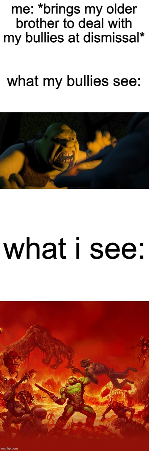 i did when i was a kid and it was EPIC | me: *brings my older brother to deal with my bullies at dismissal*; what my bullies see:; what i see: | image tagged in doom,shrek,bullies,what i see vs what they see | made w/ Imgflip meme maker