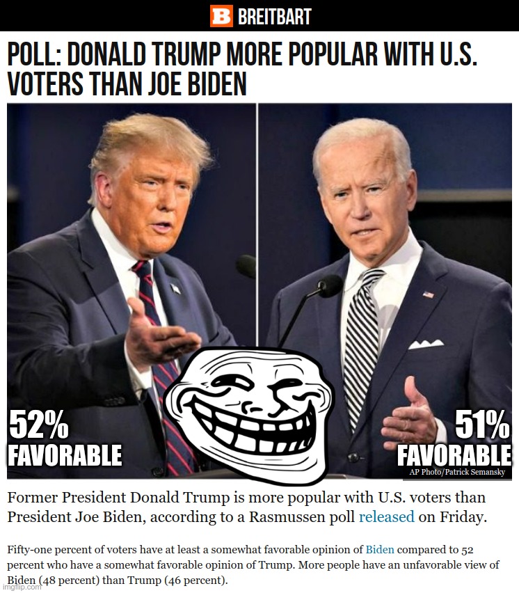 Barely 6 months in, and Joe has managed to turn everything worse, the economy, energy, education....his own popularity. | 52%                                                               51%; FAVORABLE                                                           FAVORABLE | image tagged in joe biden,donald trump,polls | made w/ Imgflip meme maker