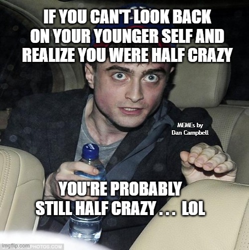 harry potter crazy |  IF YOU CAN'T LOOK BACK ON YOUR YOUNGER SELF AND REALIZE YOU WERE HALF CRAZY; MEMEs by Dan Campbell; YOU'RE PROBABLY STILL HALF CRAZY . . .  LOL | image tagged in harry potter crazy | made w/ Imgflip meme maker