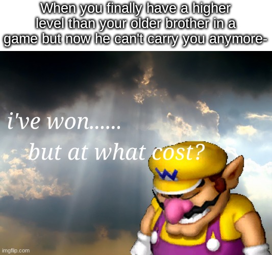 I have won...but at what cost | When you finally have a higher level than your older brother in a game but now he can't carry you anymore- | image tagged in i have won but at what cost,fun,gaming,sad | made w/ Imgflip meme maker