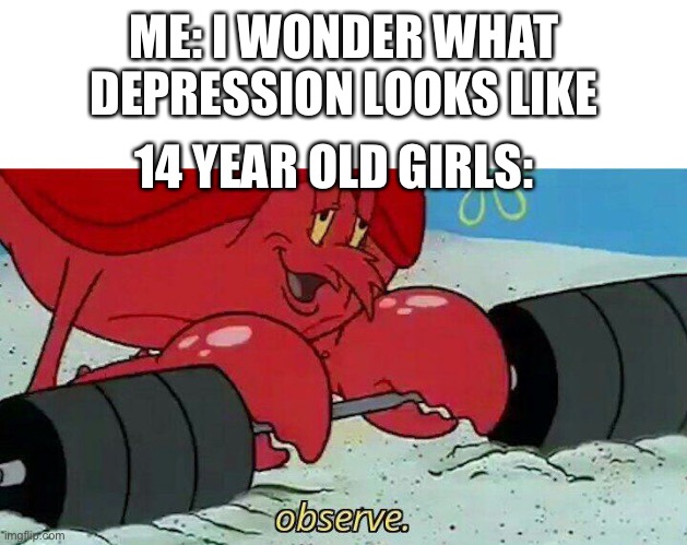 Sonut | ME: I WONDER WHAT DEPRESSION LOOKS LIKE; 14 YEAR OLD GIRLS: | image tagged in observe | made w/ Imgflip meme maker