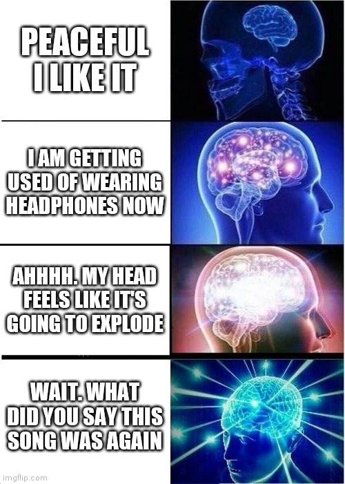 PEACEFUL I LIKE IT I AM GETTING USED OF WEARING HEADPHONES NOW AHHHH. MY HEAD FEELS LIKE IT'S GOING TO EXPLODE WAIT. WHAT DID YOU SAY THIS S | image tagged in memes,expanding brain | made w/ Imgflip meme maker