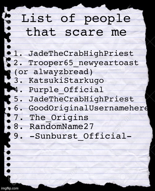 updated again | 8. RandomName27
9. -Sunburst_Official- | image tagged in list of people that scare me | made w/ Imgflip meme maker