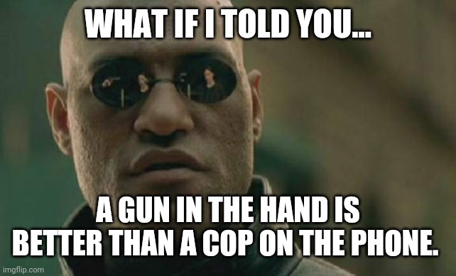 I keep one close by cause you never know. | WHAT IF I TOLD YOU... A GUN IN THE HAND IS BETTER THAN A COP ON THE PHONE. | image tagged in memes | made w/ Imgflip meme maker