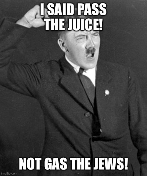 A | I SAID PASS THE JUICE! NOT GAS THE JEWS! | image tagged in angry hitler | made w/ Imgflip meme maker