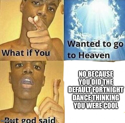 What if you wanted to go to Heaven | NO BECAUSE YOU DID THE DEFAULT FORTNIGHT DANCE THINKING YOU WERE COOL | image tagged in what if you wanted to go to heaven | made w/ Imgflip meme maker