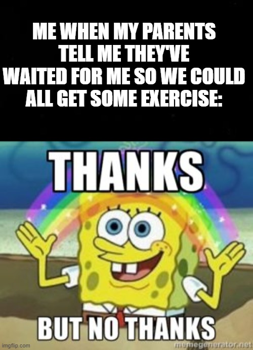 Really, I mean it | ME WHEN MY PARENTS TELL ME THEY'VE WAITED FOR ME SO WE COULD ALL GET SOME EXERCISE: | image tagged in memes | made w/ Imgflip meme maker